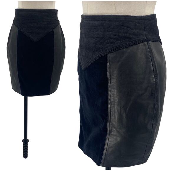 Vintage 80s Leather Suede Velvet Fitted Mini Skirt Paisley Panel Black Womens 4 - Picture 1 of 11